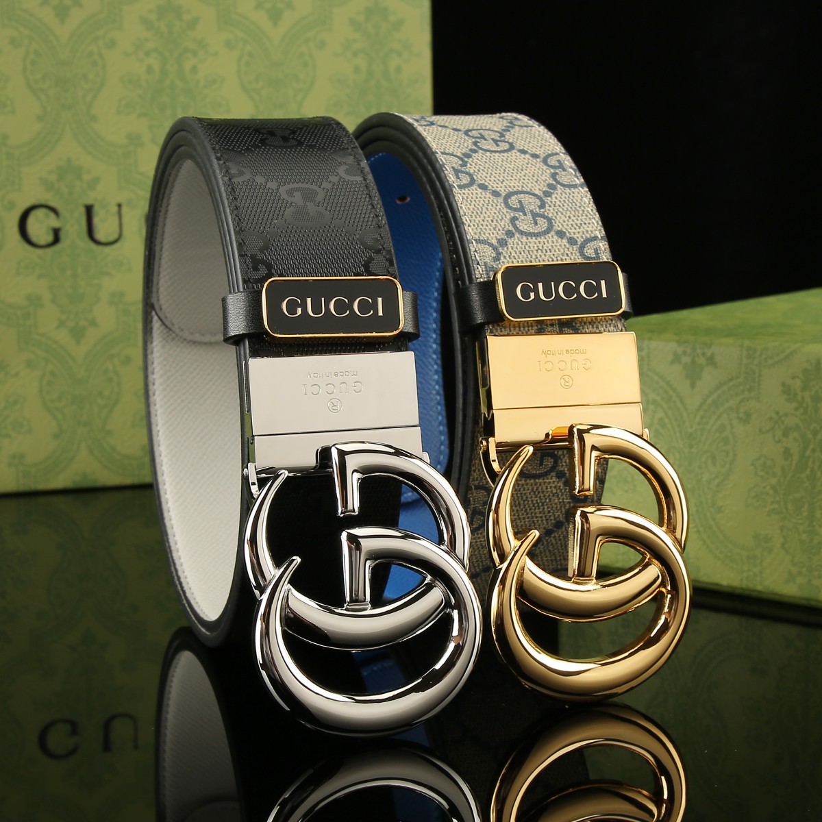 古奇 Gucci 全套包装 进口PVC面料搭配掌纹底皮 宽度3.8cm 搭配GG旋转扣 双面可用 可裁剪